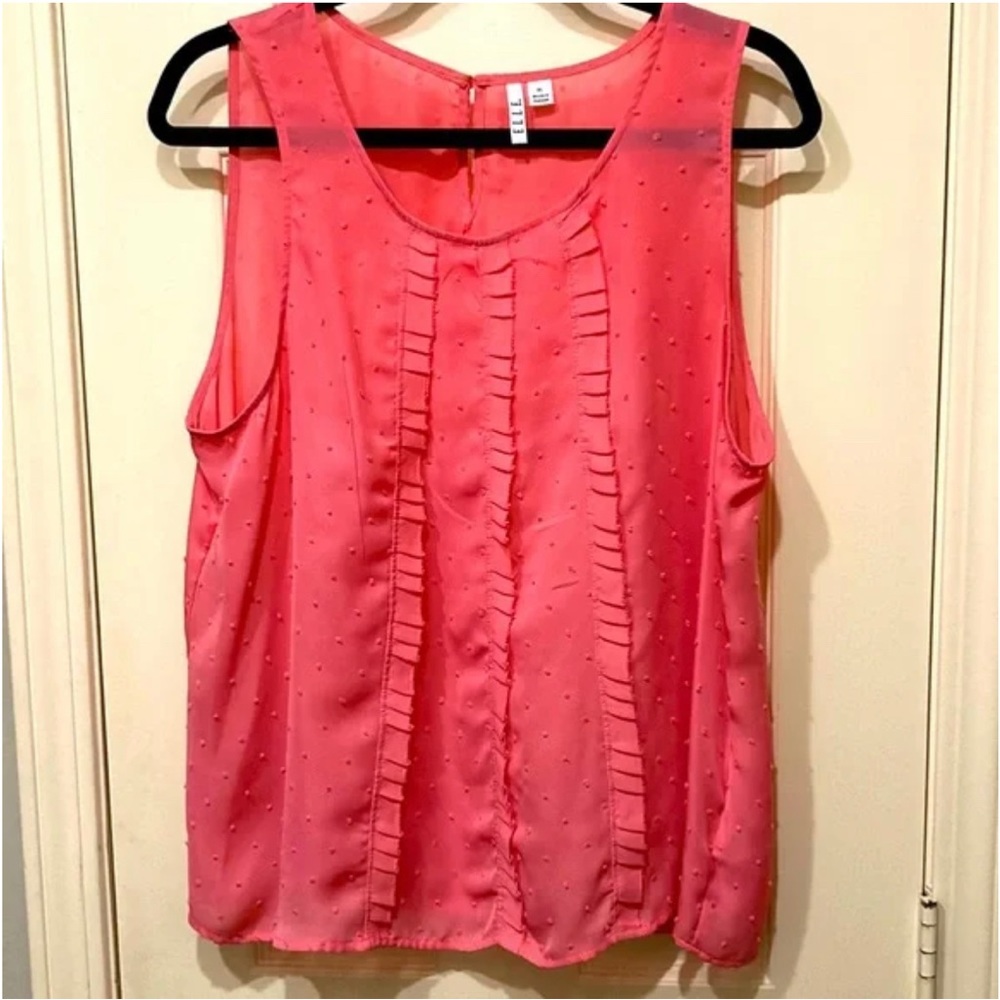 Elle sheer pink peach 🍑 frills sleeveless woman’s blouse with pomp accents XL